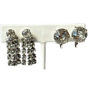 Vintage Silver Tone Unbranded Rhinestone Screw Back Earrings 1960 Era  Lot of 2